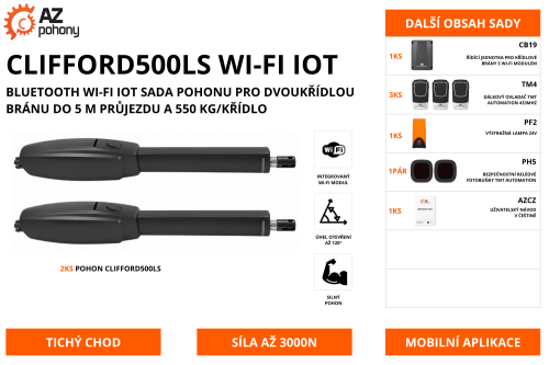 CLIFFORD500LS WI-FI IOT - Bluetooth Wi-Fi IoT sada pohonu pro dvoukřídlou bránu do 5 m průjezdu a 550 kg/křídlo